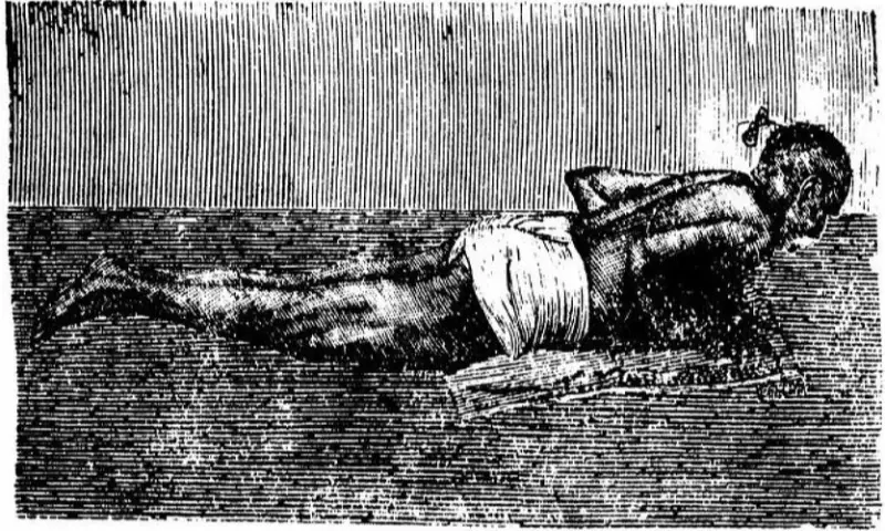 Engraving of a yogi lying on his belly with both legs lifted in the locust posture, from the Yogasopana Purvacatuska, a yoga manual printed in India in 1905